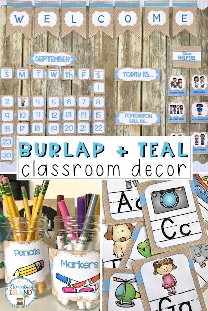 Get ready for back to school with a shabby chic design that is in style! This burlap classroom decor is sure to be a hit with children and teachers. The theme gives a "homey" feel when the decorations are added to your classroom. From calendar to jobs, this is a great cohesive set for a farmhouse or burlap theme! #backtoschool #classroomdecor #classroomtheme #burlaptheme #burlapandteal #classtheme