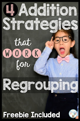 Teaching addition with regrouping can be difficult!  Here are a few strategies that I have found worked for me for double digit addition.  These activities are simple to implement with the free place value mat I have included. #elementaryisland #additionwithregrouping