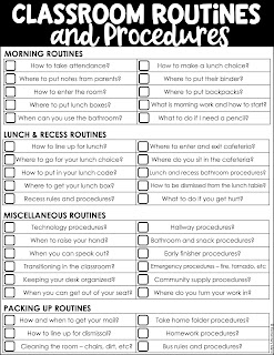 Long list of classroom procedures and routines teachers can use to prepare for the beginning of the school year