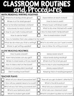 Long list of classroom procedures and routines teachers can use to prepare for the beginning of the school year