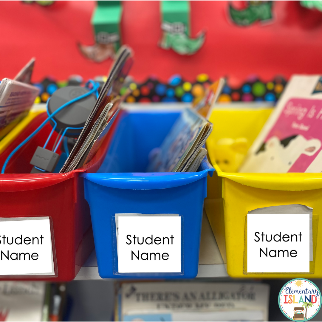 Colorful book bins help your students keep their small group books organized and easy to access in your classroom.