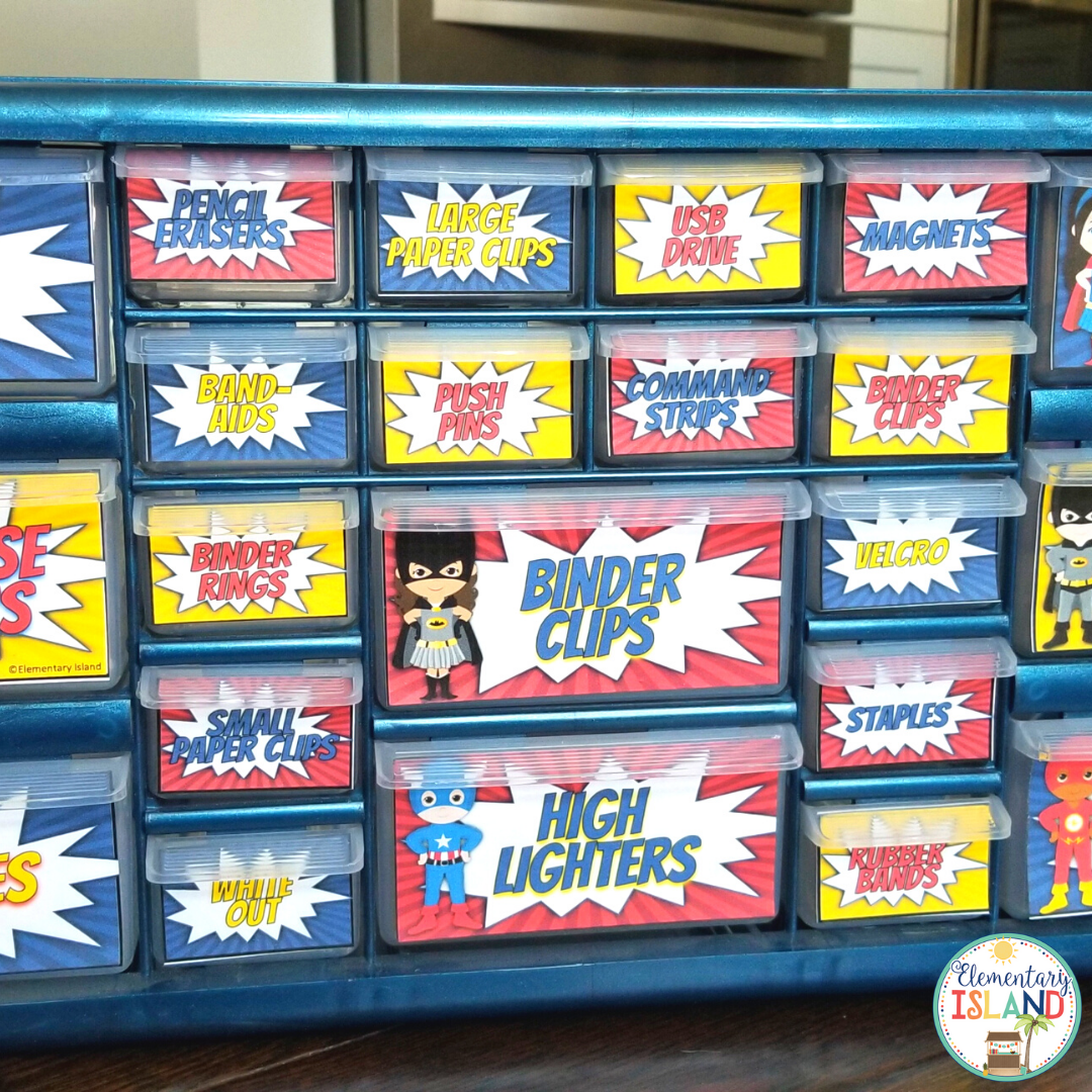 This teacher toolbox is exactly what I needed to help me keep all of my most frequently used teacher supplies organized in one place. By attaching editable labels like the superhero themed or cactus themed labels, I know just where to find what I'm looking for.