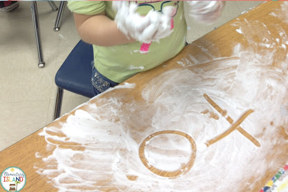 Let students spell their words by writing in shaving cream for a fun and engaging activity that will clean the desks too!
