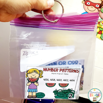 Task Cards organized using plastic sandwich bags and metal rings.