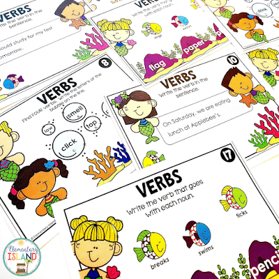 Brightly colored kid friendly Task Cards with Verb Activities.