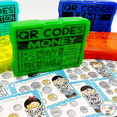 Task Cards with QR codes on display with plastic organizing boxes in the background.