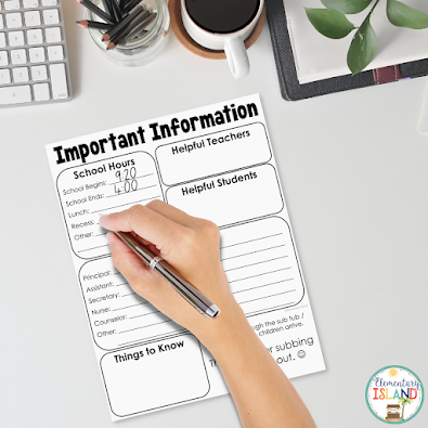 Filling out an Important Information sheet will help your substitute teacher easily find all of the information they need quickly.