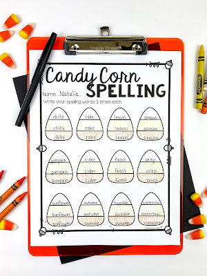 Candy Corn Spelling Page of Fall and Halloween Spelling Activities