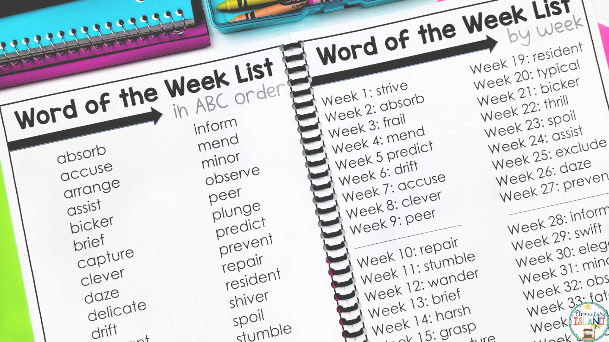 Implementing word of the week activities is easy when you can break up your weeks into manageable lists like these.