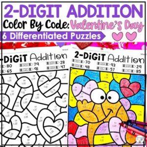 Valentines Day Math | 2 Digit Addition | Valentines Day Color by Number