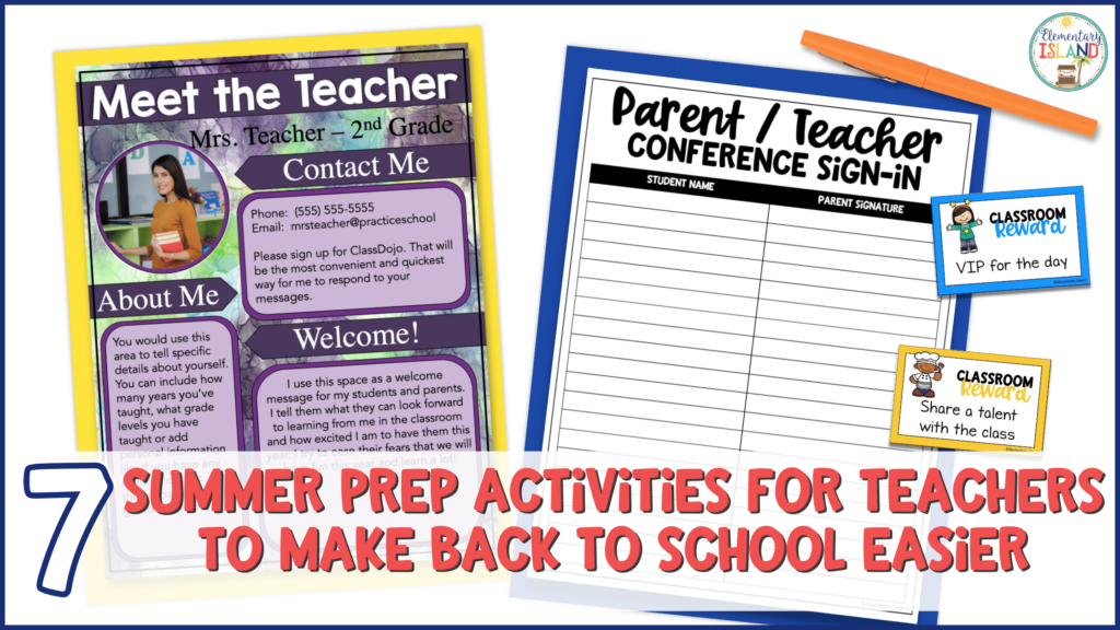 This image says, "7 Summer Prep Activities for Teachers to Make Back to School Easier" and shows back to school resources for elementary teachers.